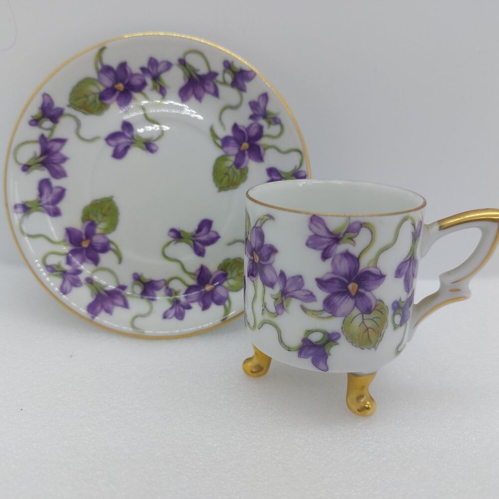 Mitterteich Bavaria Claw Footed Small Tea Cup & Saucer Violet Design